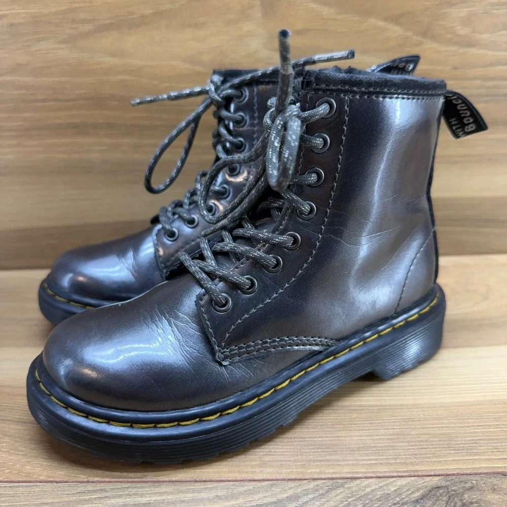 Dr Martens Little Girls Combat Boots 12 Pewter Metallic Patent Leather Zip 1460